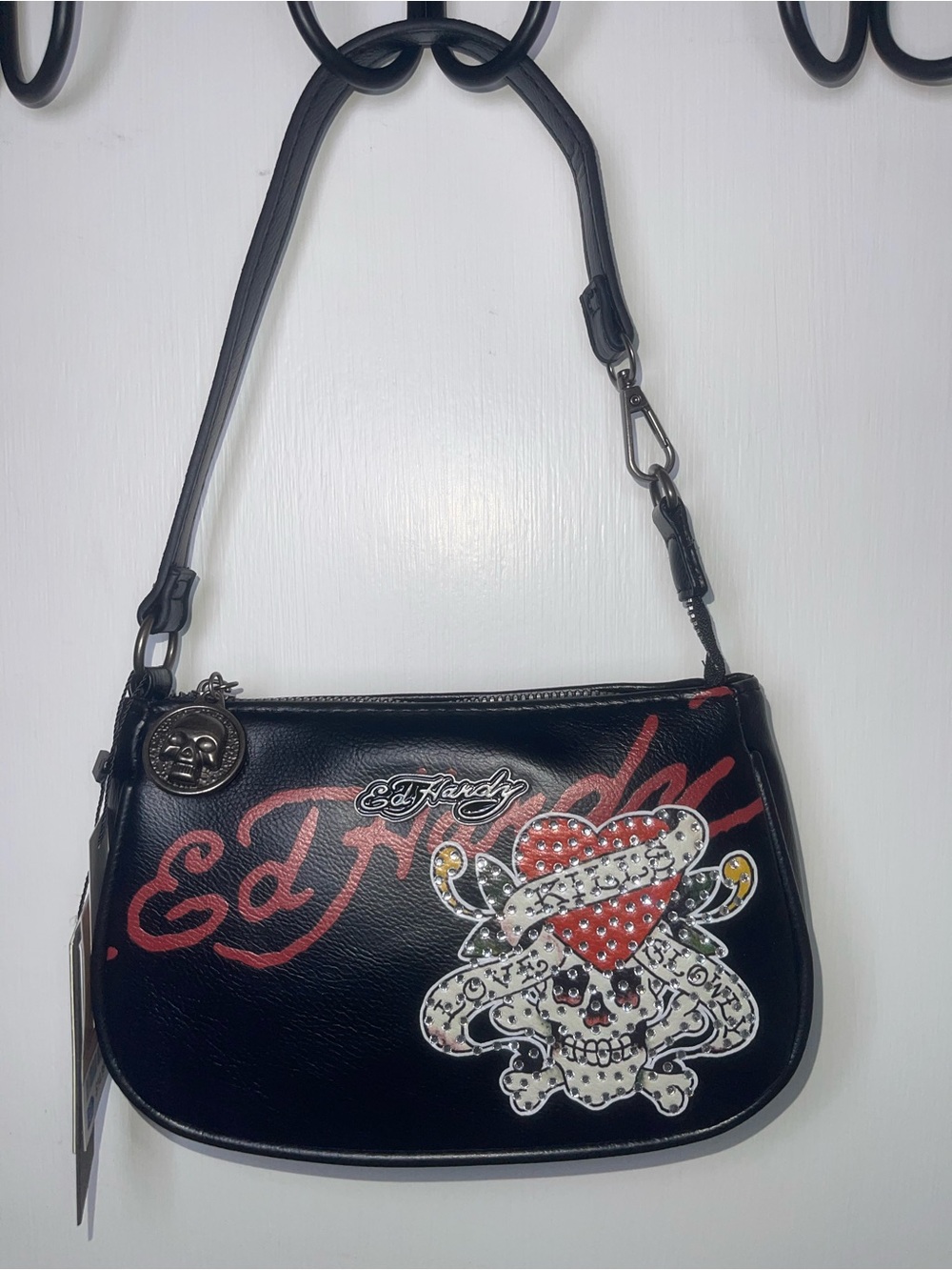 NWT Ed Hardy Black & Red Leather Mini Shoulder Bag with Studded Heart Skull